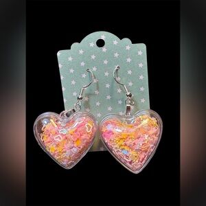 Heart Puff Shaker Dangle Earrings Pink Hearts Yellow Stars New